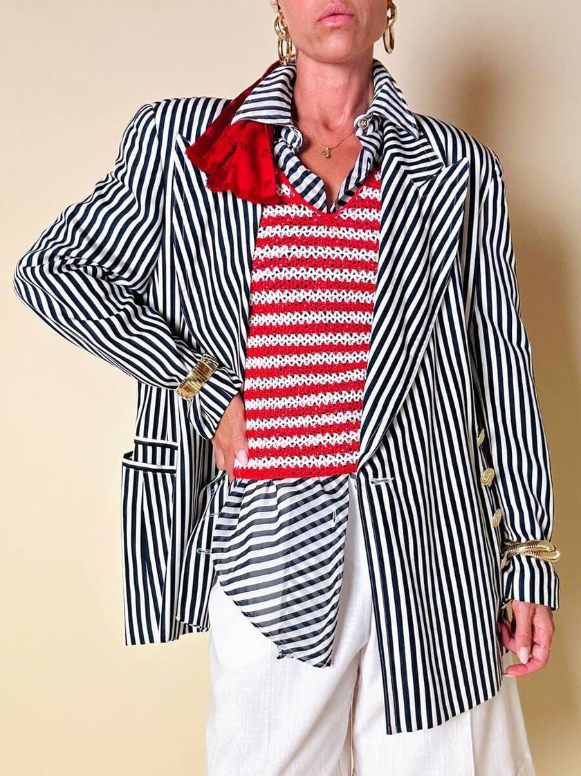 Camicia in chiffon di seta a righe bianche e blu “Gianfranco Ferrè”
