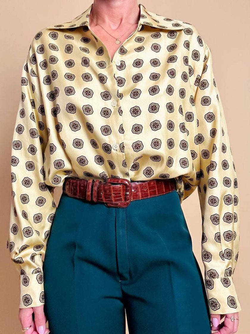 Camicia in drill di pura seta color crema fantasia cravatta 