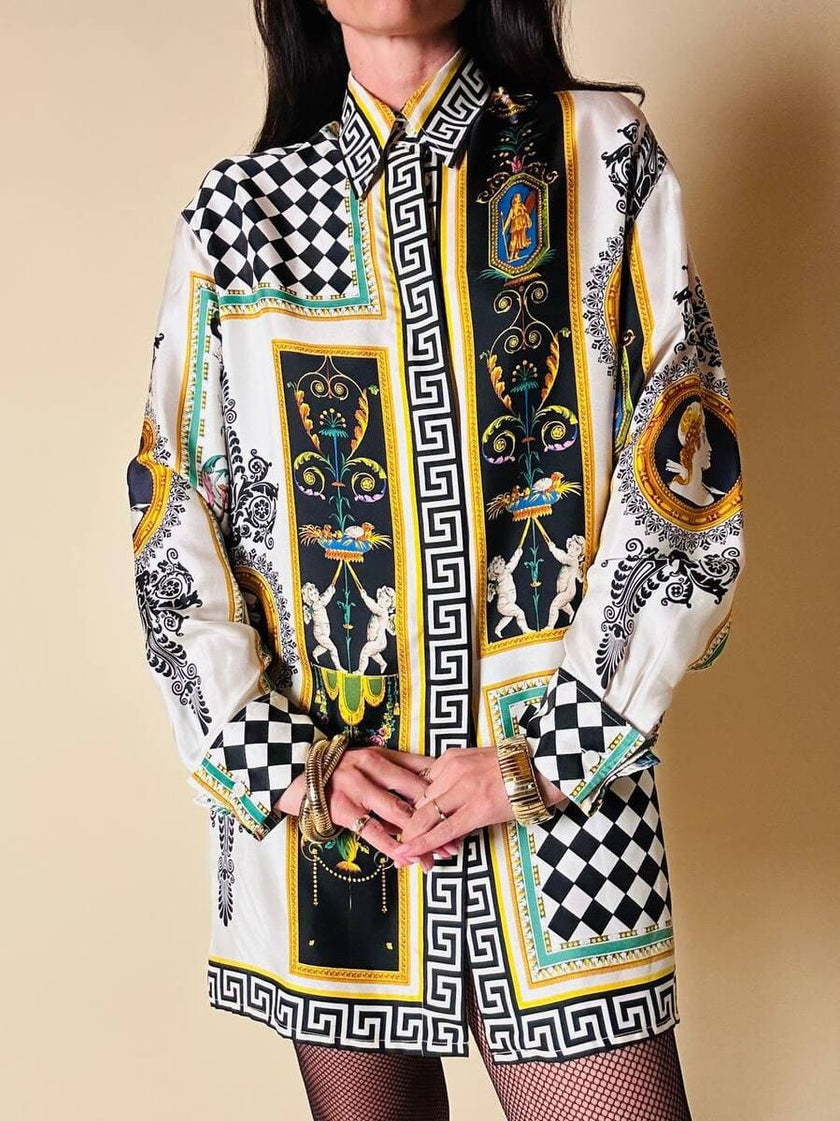 Camicia in drill di seta fantasia grottesca “Garage Paris”