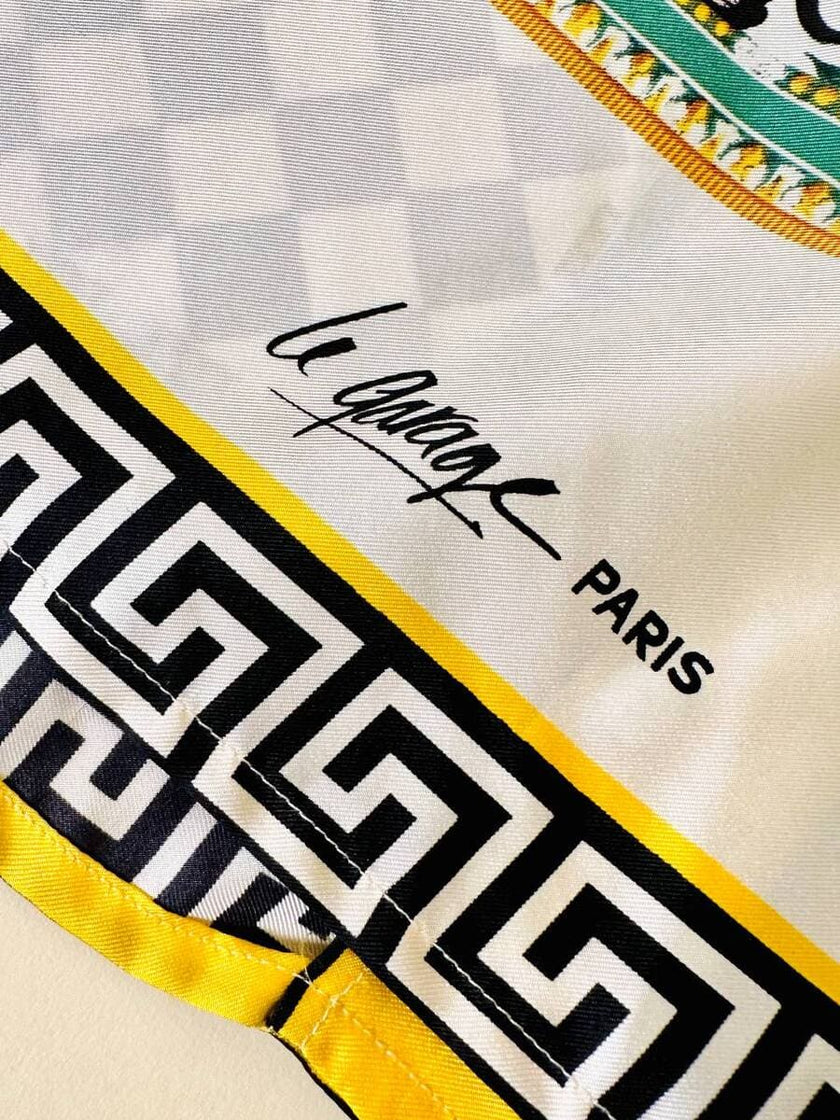 Camicia in drill di seta fantasia grottesca “Garage Paris”
