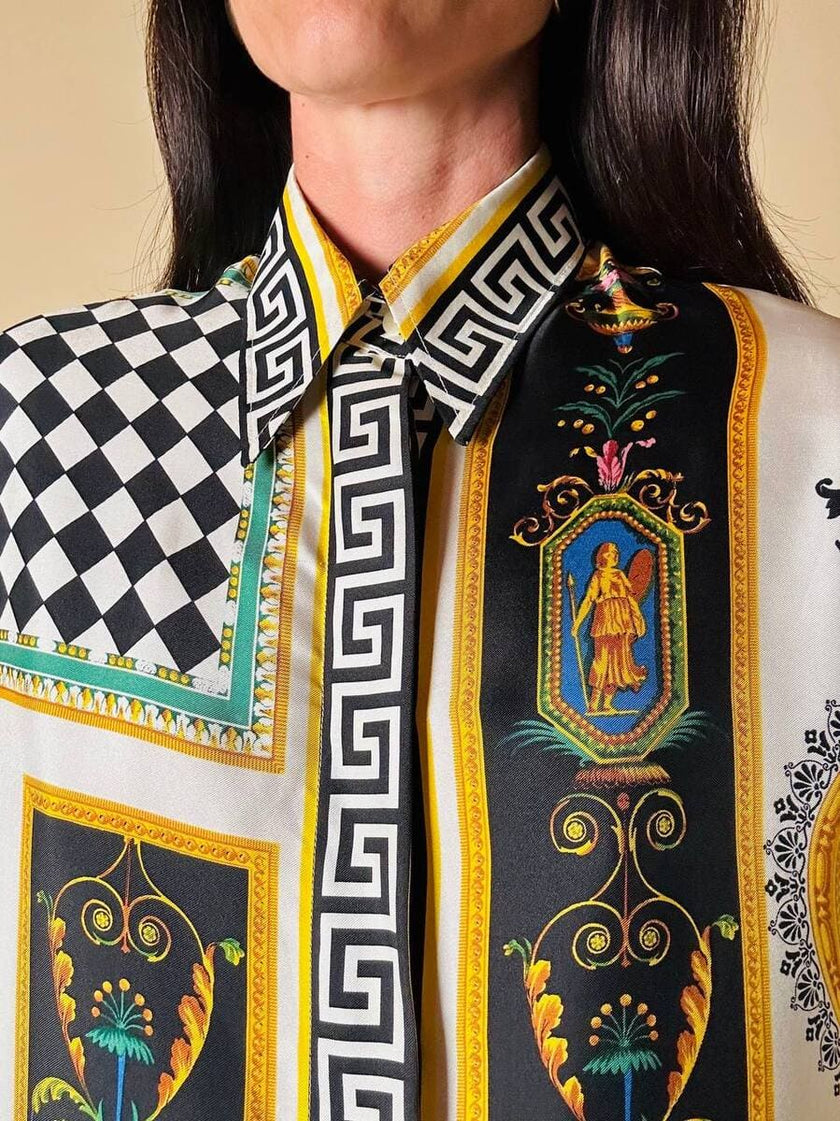 Camicia in drill di seta fantasia grottesca “Garage Paris”