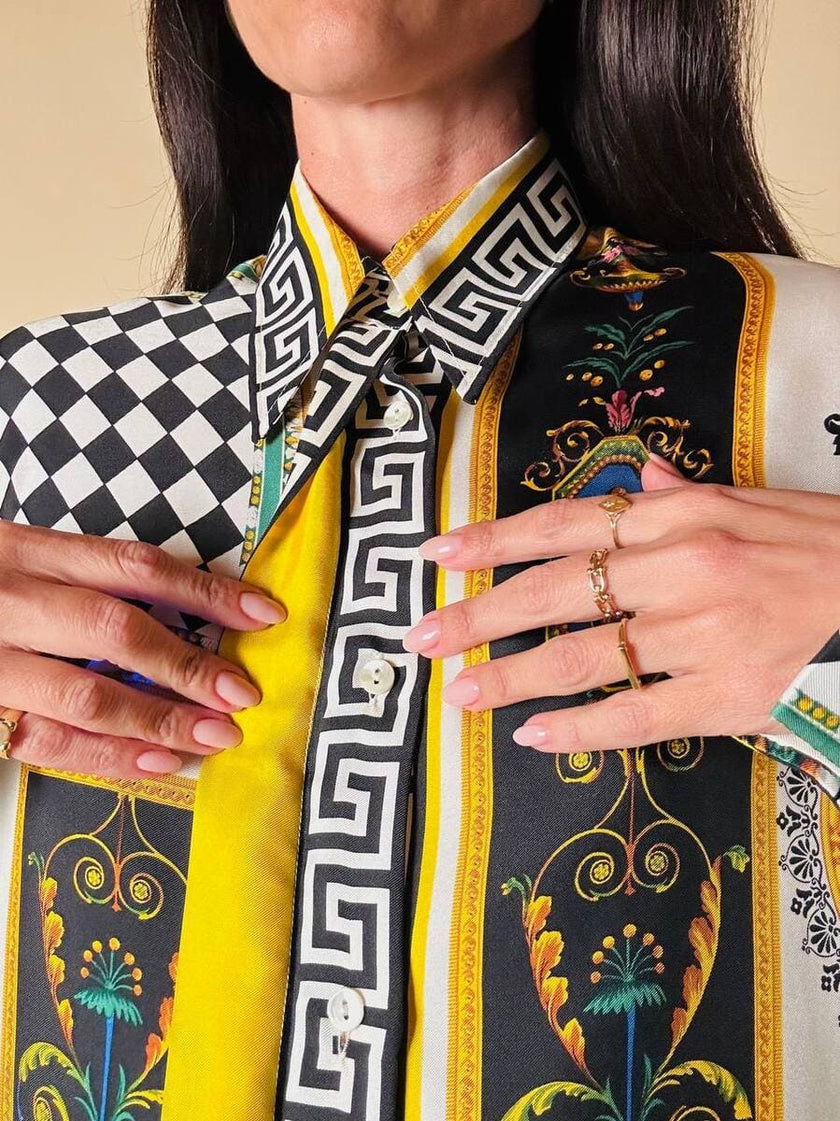 Camicia in drill di seta fantasia grottesca “Garage Paris”