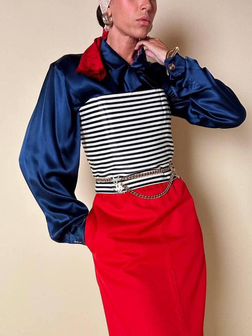 Camicia in raso di seta blu con nastro al collo “Yves Saint Laurent”