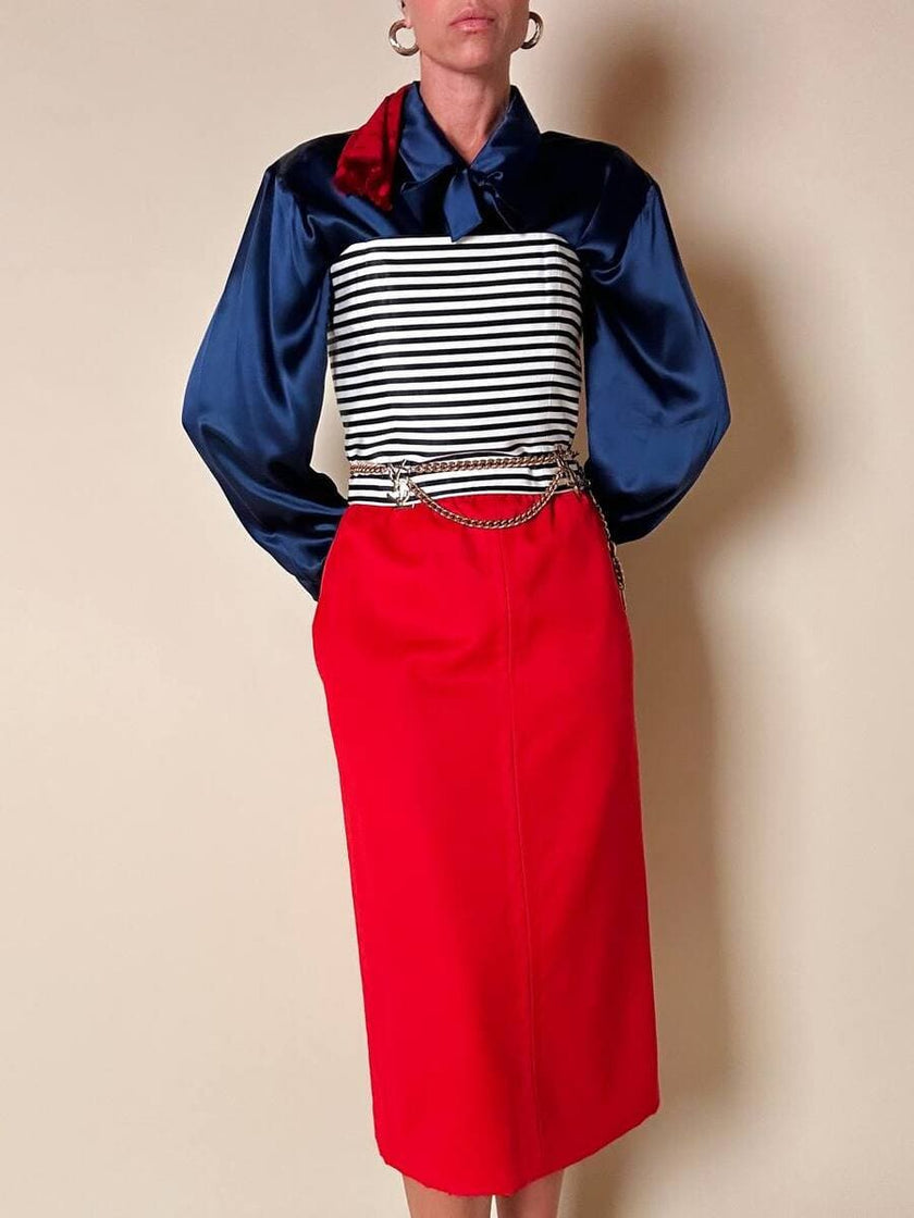 Camicia in raso di seta blu con nastro al collo “Yves Saint Laurent”