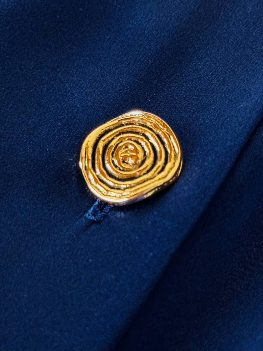 Camicia in raso di seta blu con nastro al collo “Yves Saint Laurent”