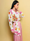 Camicia in seta fantasia floreale e vichy con bottoni gioiello