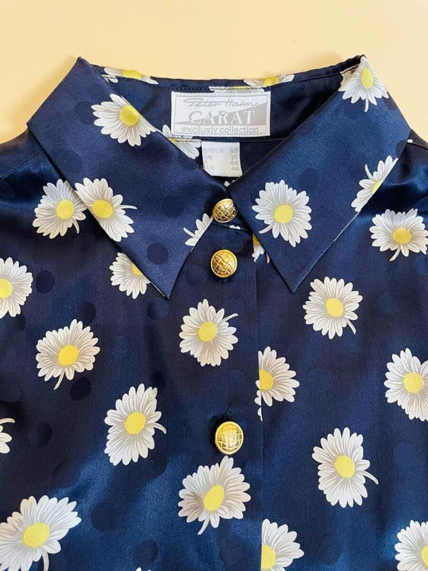 Camicia in raso di seta Jaquard blu notte fantasia margherite