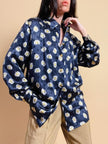 Camicia in raso di seta Jaquard blu notte fantasia margherite