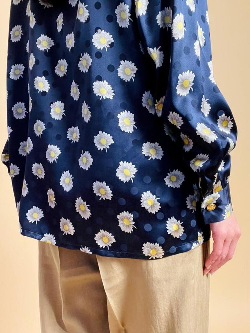 Camicia in raso di seta Jaquard blu notte fantasia margherite