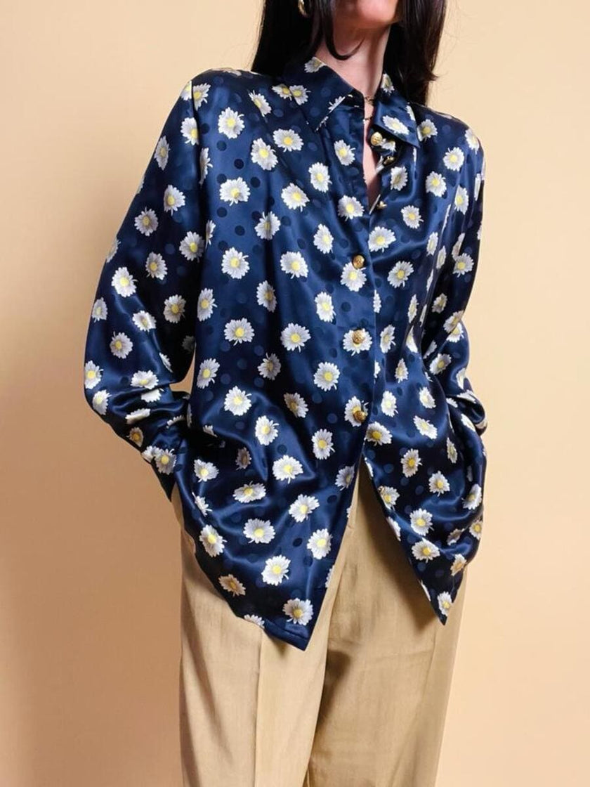 Camicia in raso di seta Jaquard blu notte fantasia margherite