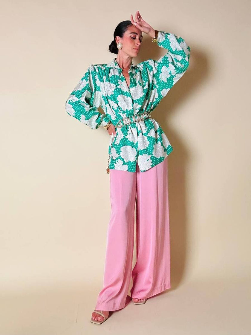 Camicia oversize in seta Jacquard fantasia floreale verde e bianca “Ballon”