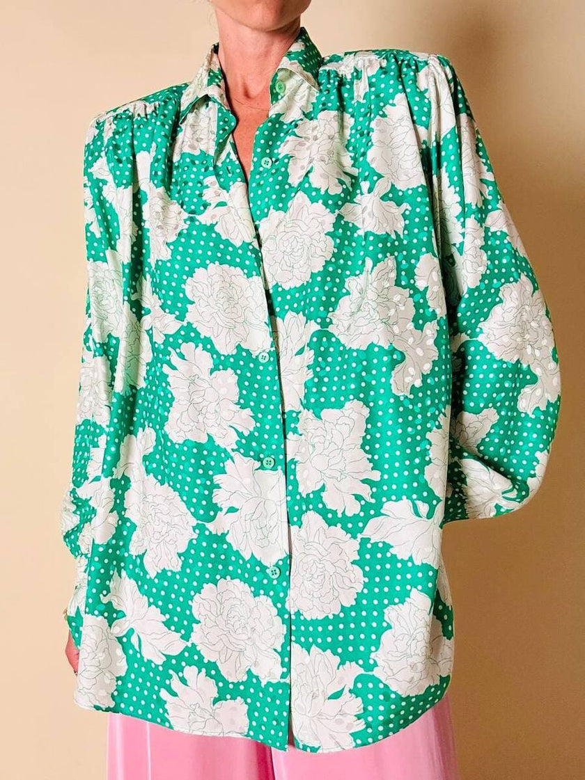 Camicia oversize in seta Jacquard fantasia floreale verde e bianca “Ballon”