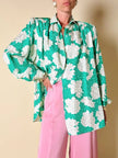 Camicia oversize in seta Jacquard fantasia floreale verde e bianca “Ballon”