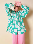 Camicia oversize in seta Jacquard fantasia floreale verde e bianca “Ballon”