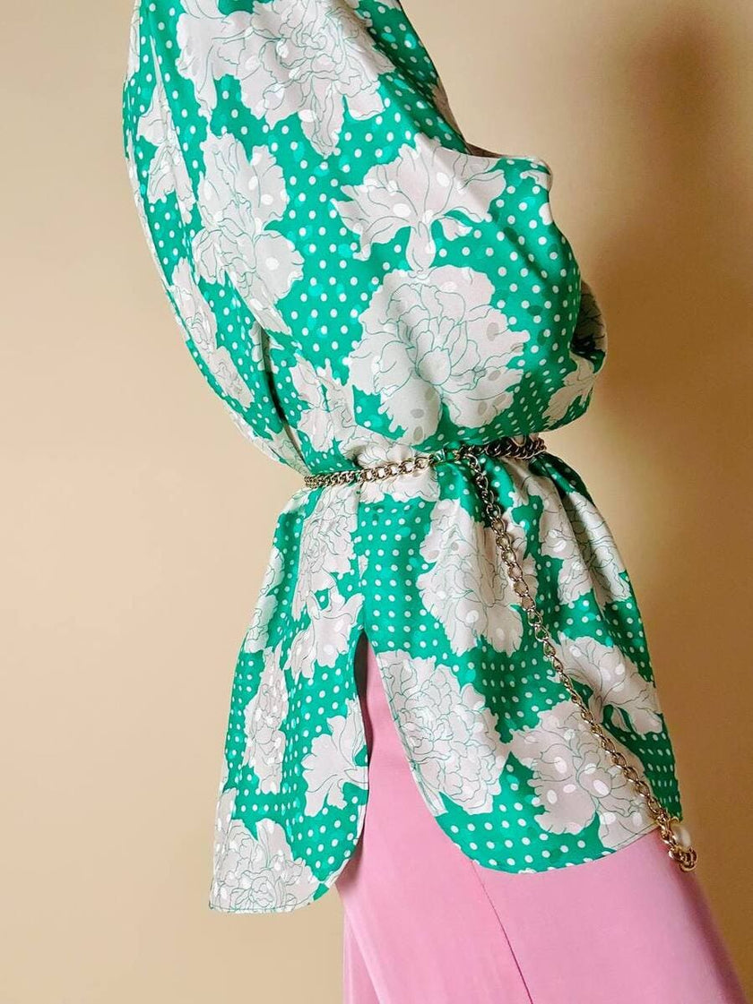 Camicia oversize in seta Jacquard fantasia floreale verde e bianca “Ballon”