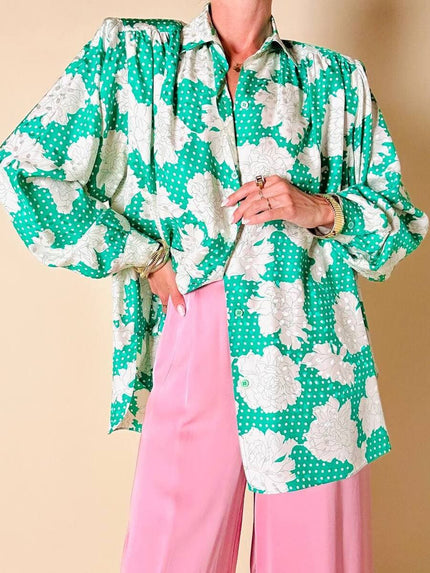 Camicia oversize in seta Jacquard fantasia floreale verde e bianca “Ballon”