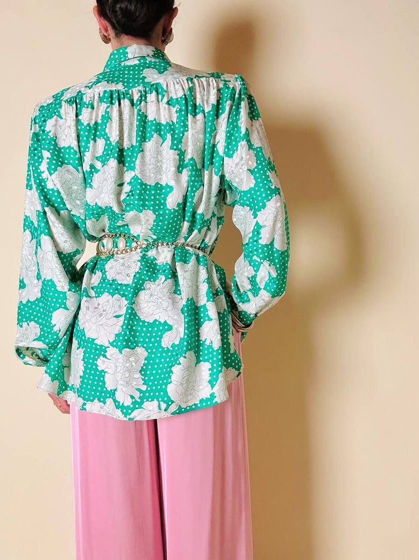 Camicia oversize in seta Jacquard fantasia floreale verde e bianca “Ballon”