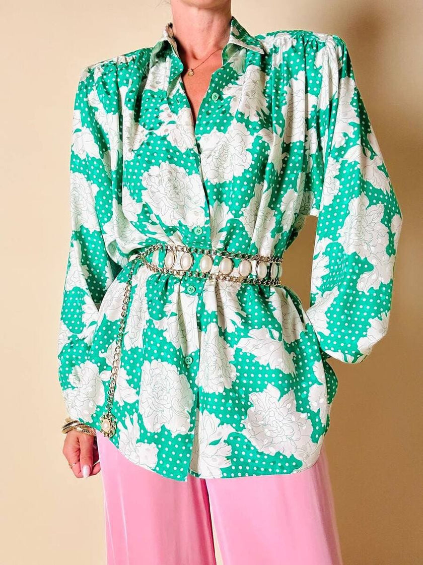 Camicia oversize in seta Jacquard fantasia floreale verde e bianca “Ballon”