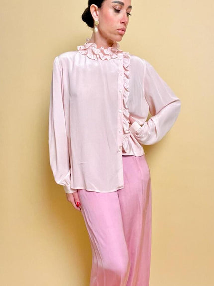 Camicia in seta rosa pastello con ruches 