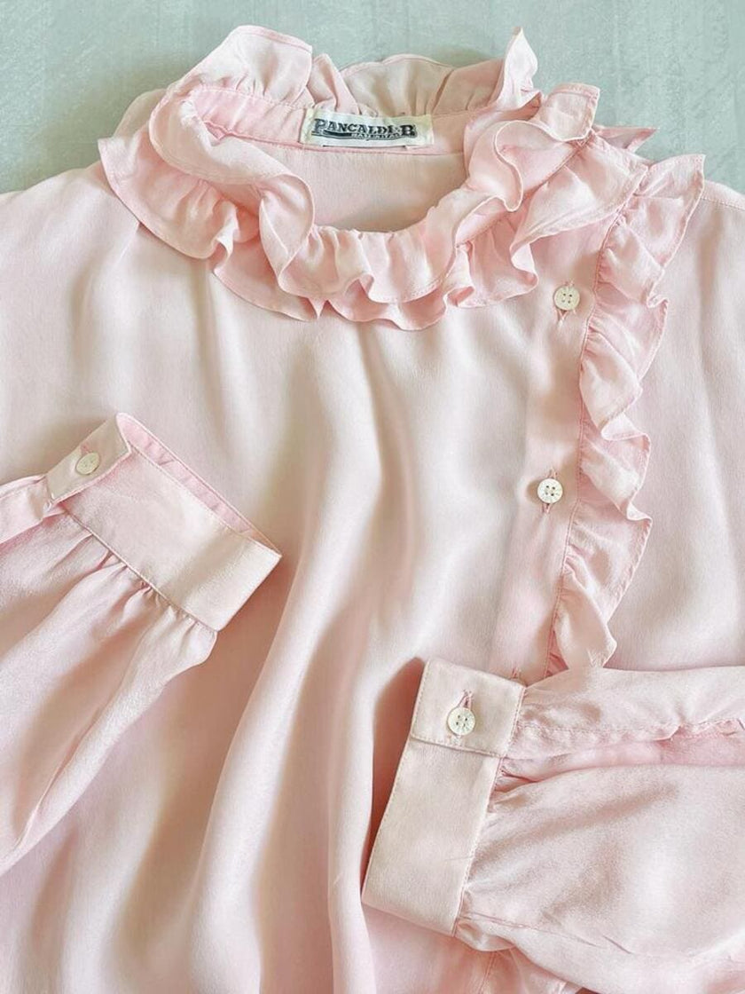 Camicia in seta rosa pastello con ruches 