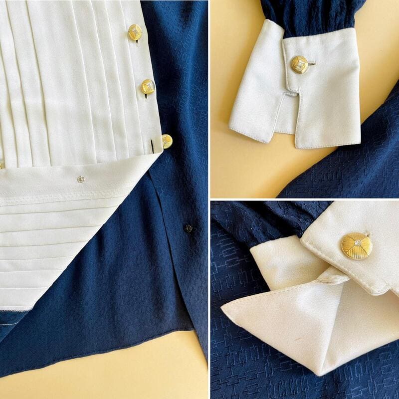 Camicia modello “cadetto” in seta Jaquard blu e raso bianco