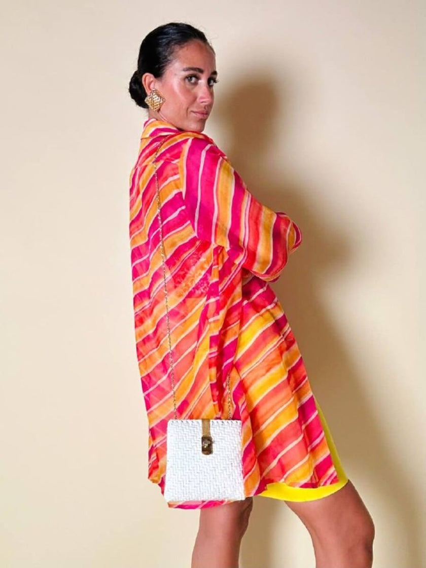 Camicia oversize in organza a righe nei toni del fucsia e arancione “Nina Ricci”