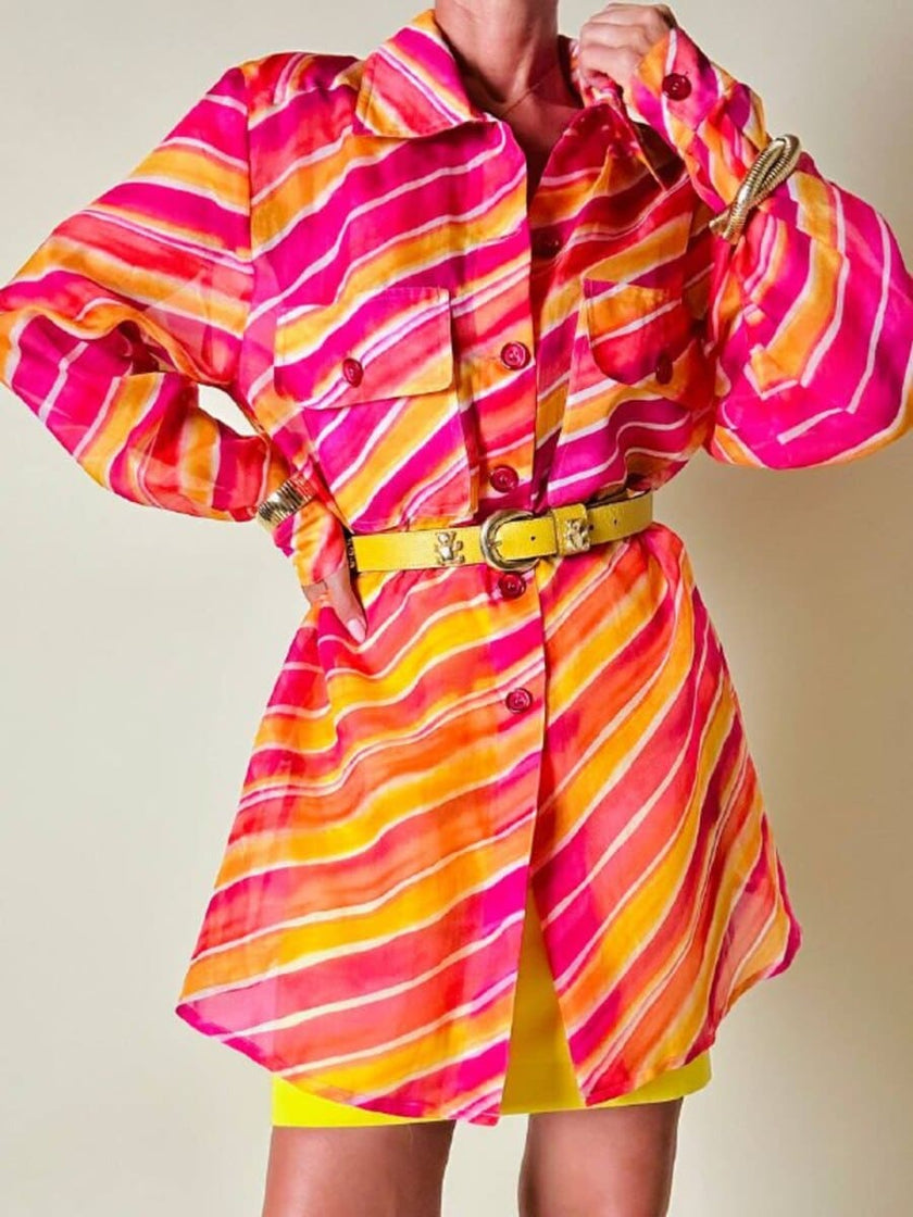 Camicia oversize in organza a righe nei toni del fucsia e arancione “Nina Ricci”