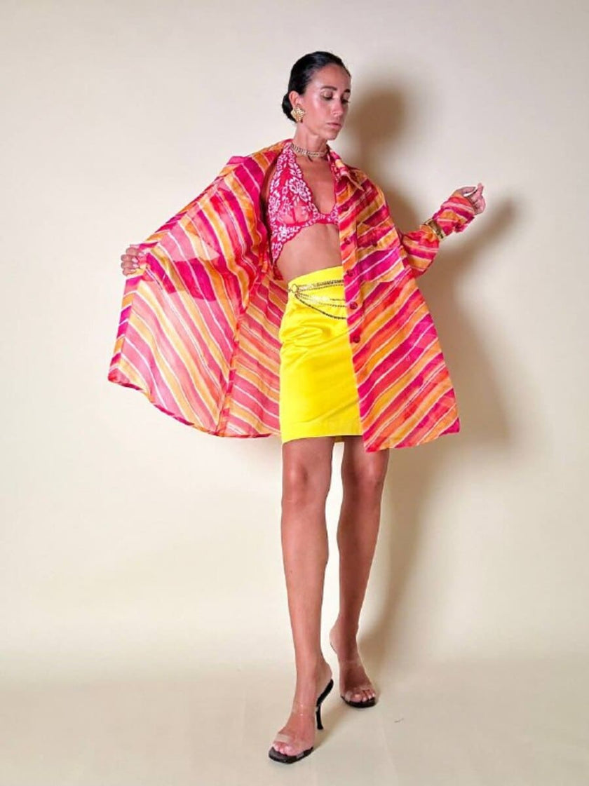 Camicia oversize in organza a righe nei toni del fucsia e arancione “Nina Ricci”