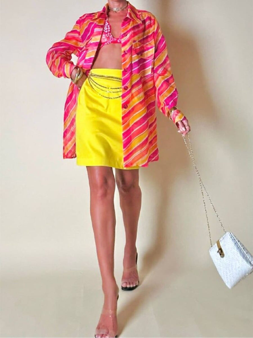 Camicia oversize in organza a righe nei toni del fucsia e arancione “Nina Ricci”