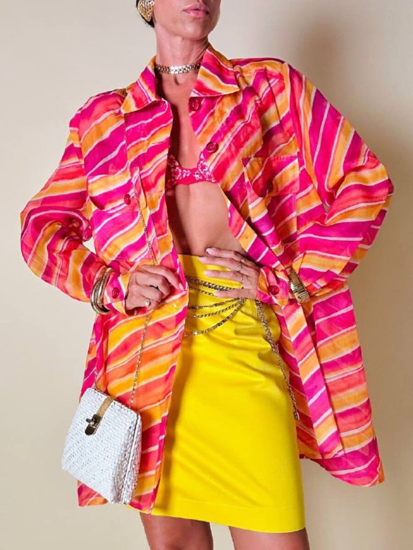 Camicia oversize in organza a righe nei toni del fucsia e arancione “Nina Ricci”