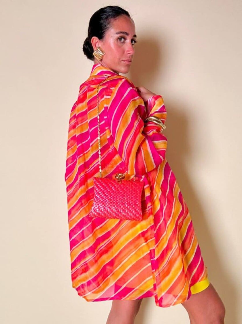 Camicia oversize in organza a righe nei toni del fucsia e arancione “Nina Ricci”