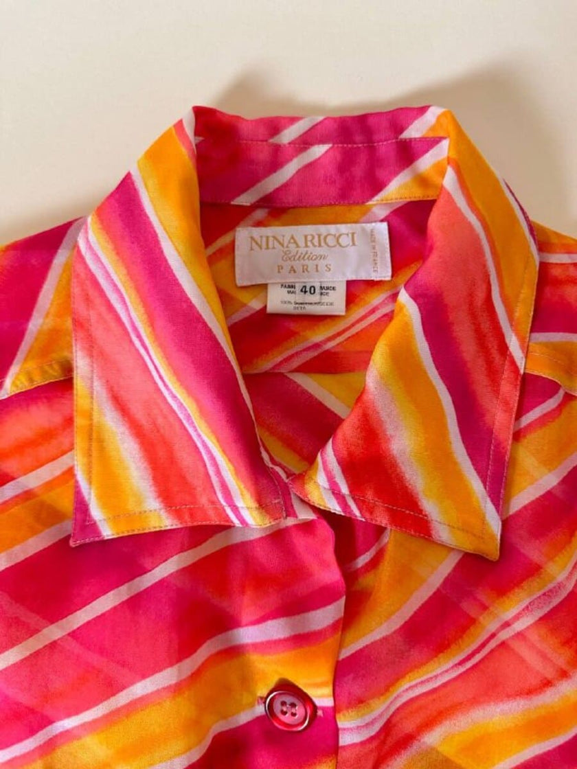 Camicia oversize in organza a righe nei toni del fucsia e arancione “Nina Ricci”