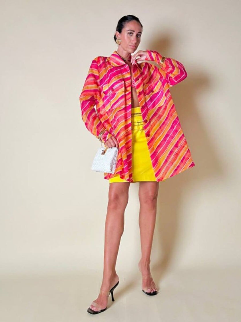 Camicia oversize in organza a righe nei toni del fucsia e arancione “Nina Ricci”