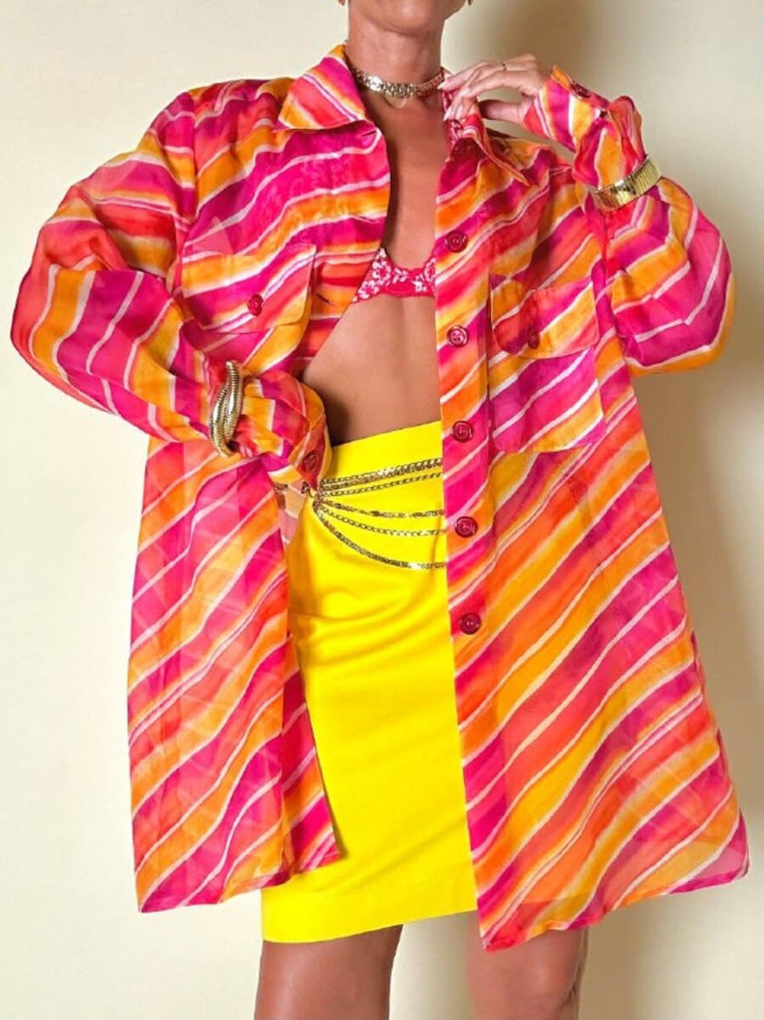 Camicia oversize in organza a righe nei toni del fucsia e arancione “Nina Ricci”