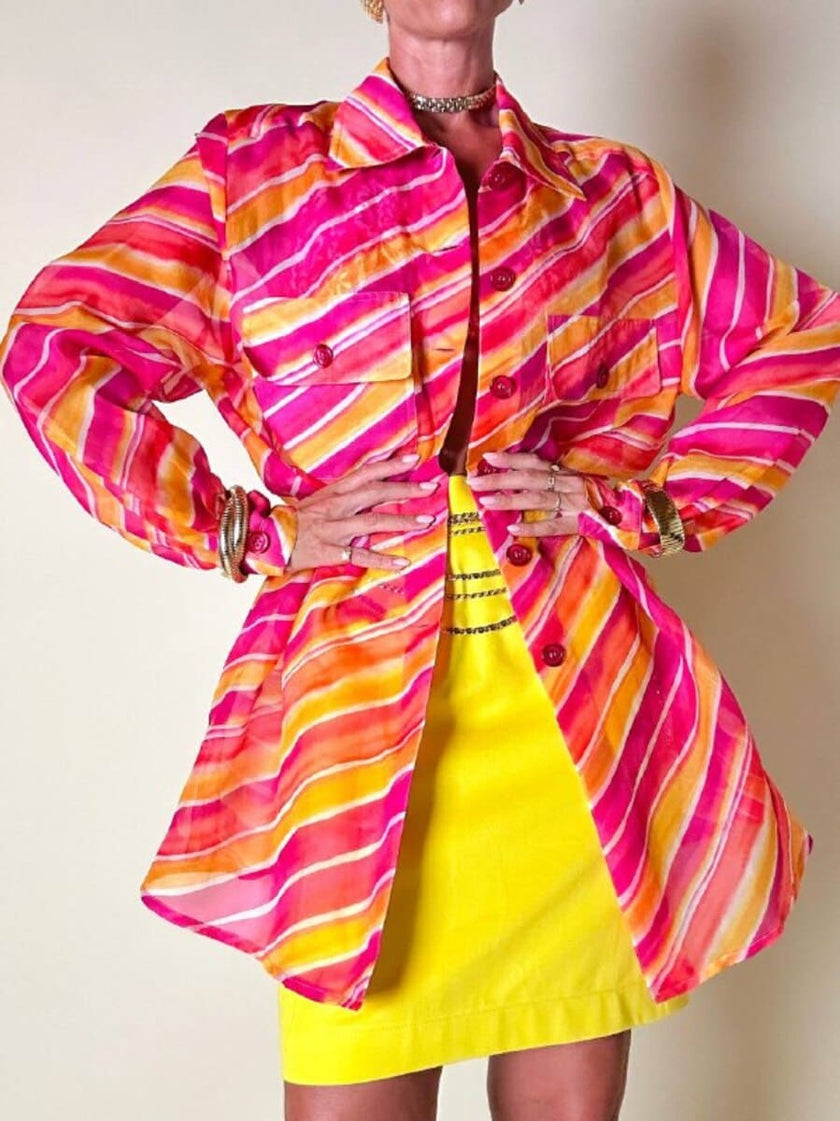 Camicia oversize in organza a righe nei toni del fucsia e arancione “Nina Ricci”