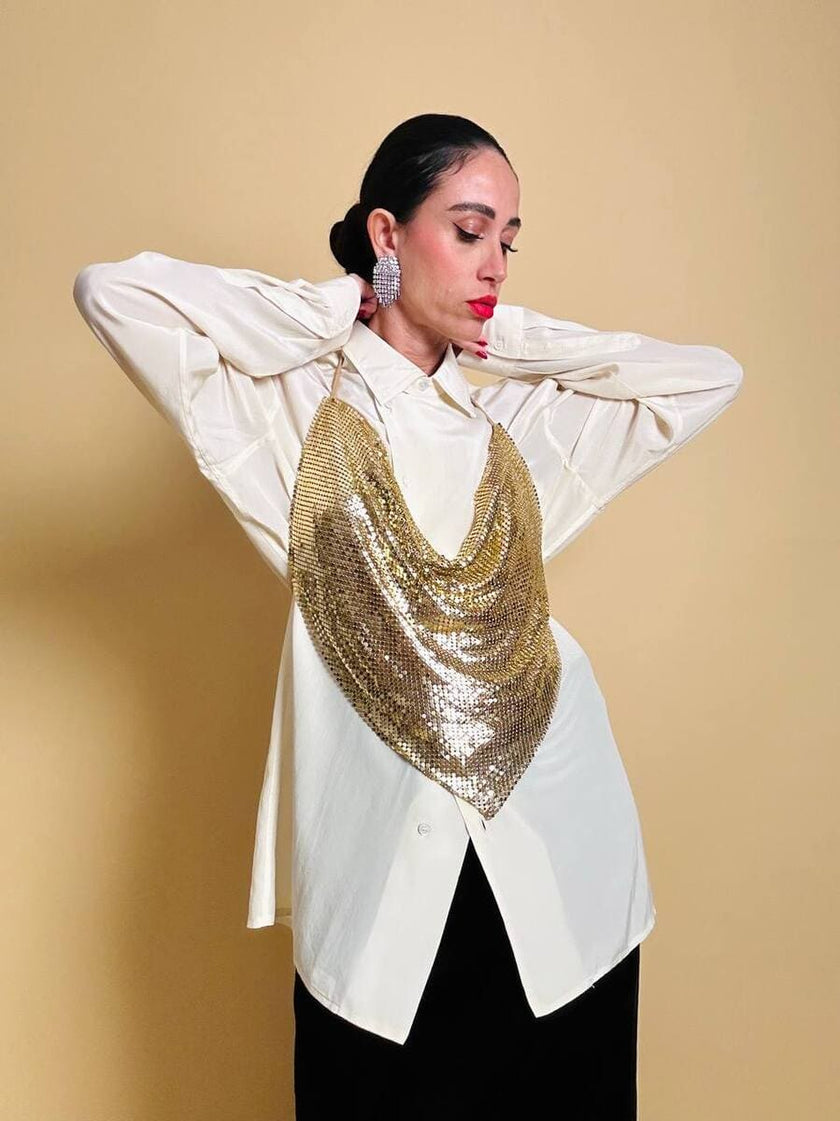 Camicia oversize in seta avorio con abbottonatura asimmetrica “Gigi Pary”