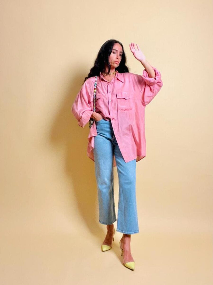 Camicia oversize in seta rosa fiore di Sakura
