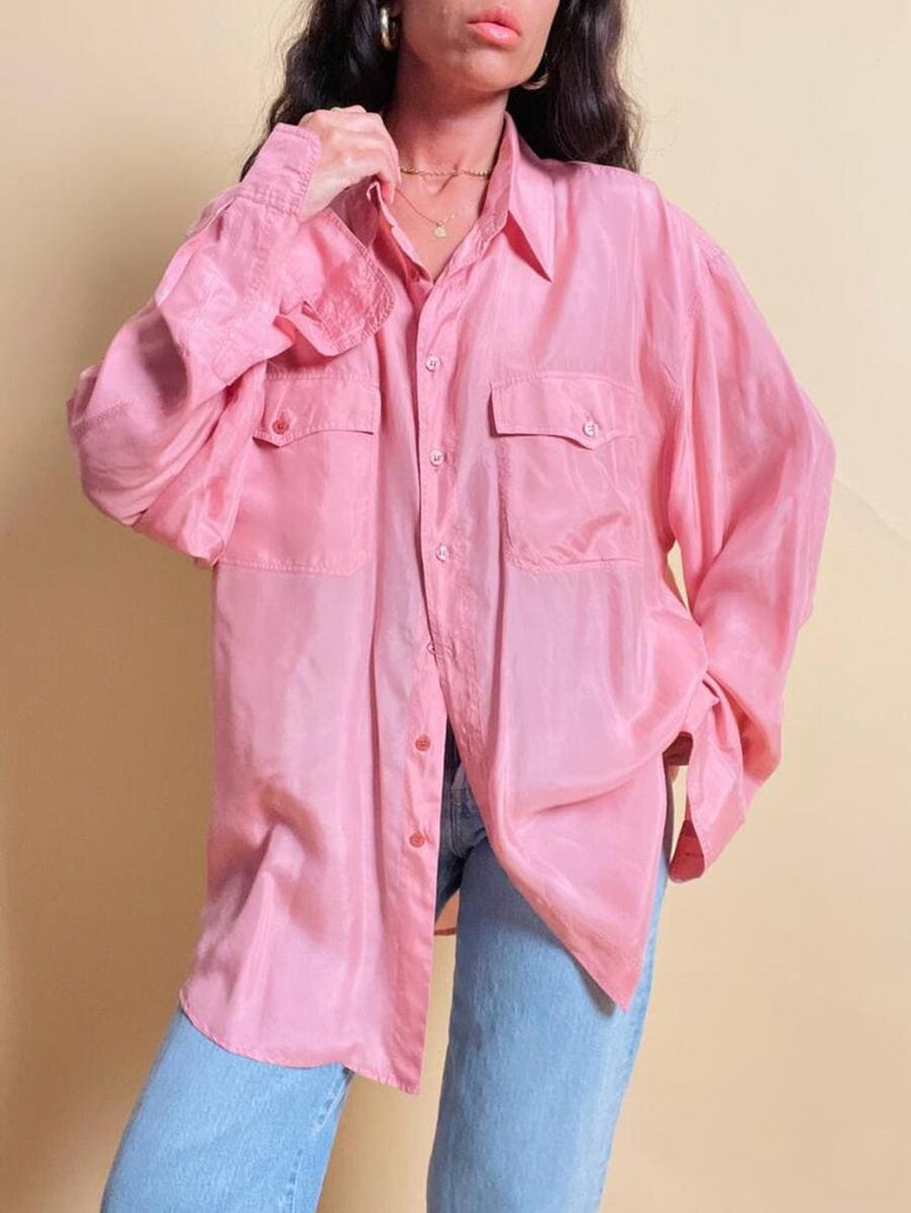 Camicia oversize in seta rosa fiore di Sakura