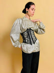 Camicia sartoriale in raso ivory con micro fantasia nera