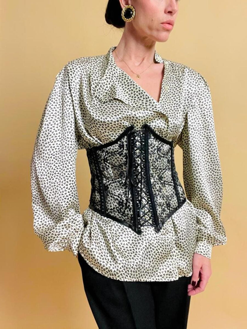 Camicia sartoriale in raso ivory con micro fantasia nera