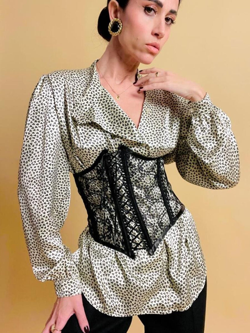 Camicia sartoriale in raso ivory con micro fantasia nera