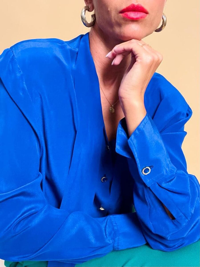 Camicia sartoriale in seta blu Majorelle