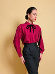 Camicia in seta Jaquard bordeaux a righe con fili di lamè oro