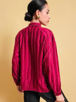 Camicia in seta Jaquard bordeaux a righe con fili di lamè oro