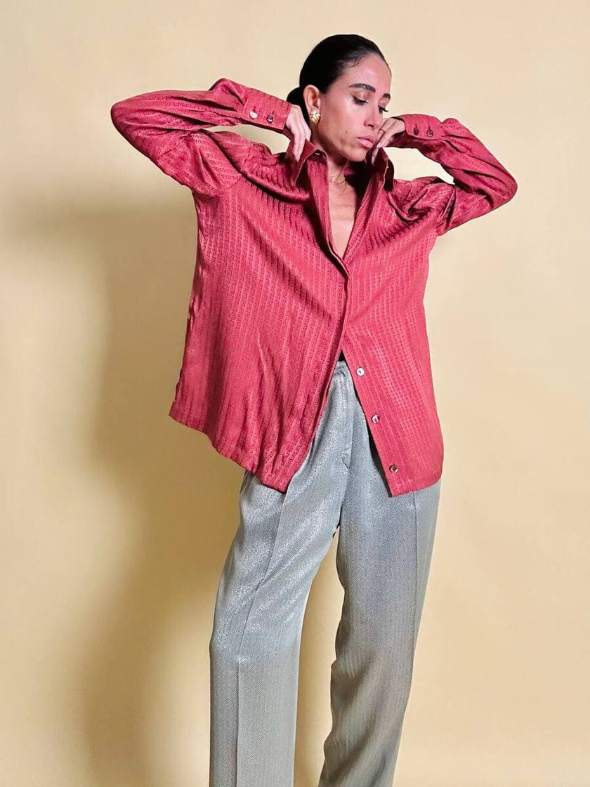 Camicia in seta Jaquard rosa antico con bottoni di madreperla