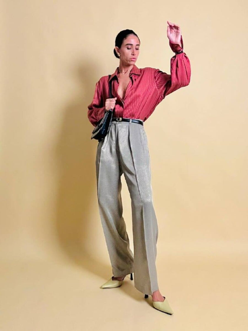 Camicia in seta Jaquard rosa antico con bottoni di madreperla