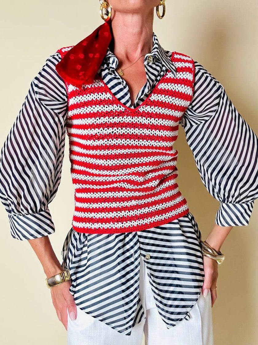 Canotta handmade in crochet a righe bianche e rosse