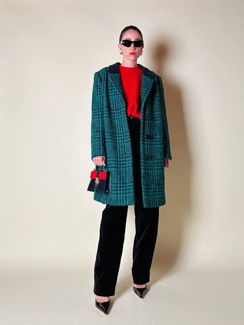 Cappotto sartoriale in lana bouclé verde e nero fantasia principe di Galles