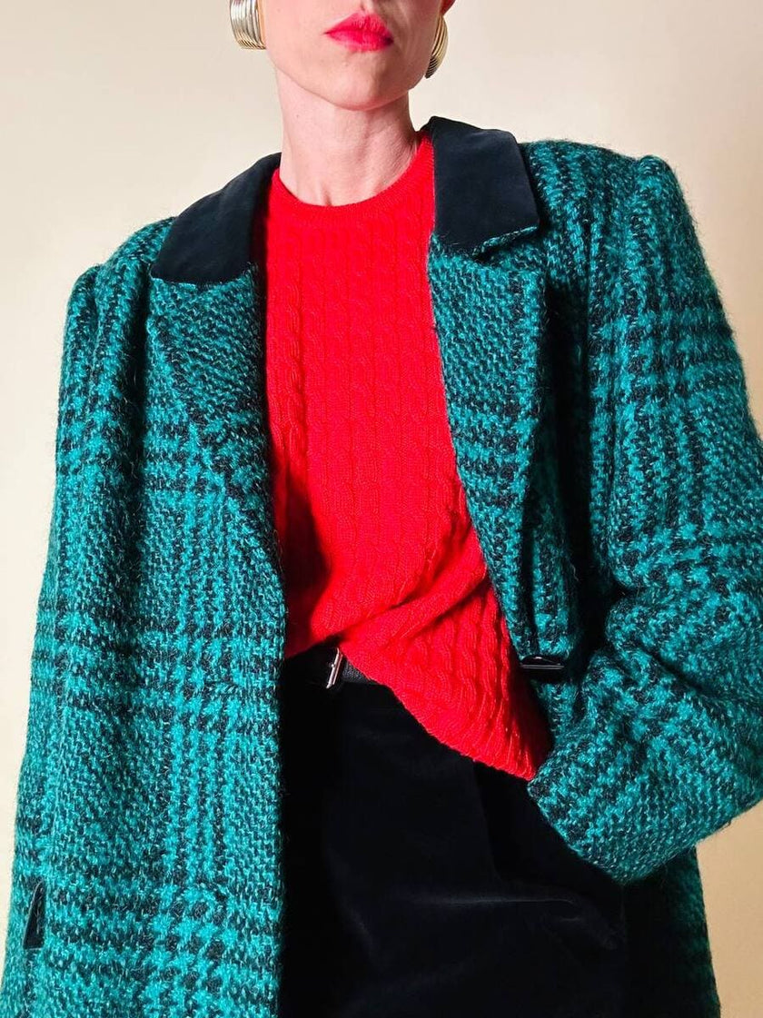 Cappotto sartoriale in lana bouclé verde e nero fantasia principe di Galles