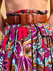 Vintage cognac leather belt with leather-wrapped rectangular buckle